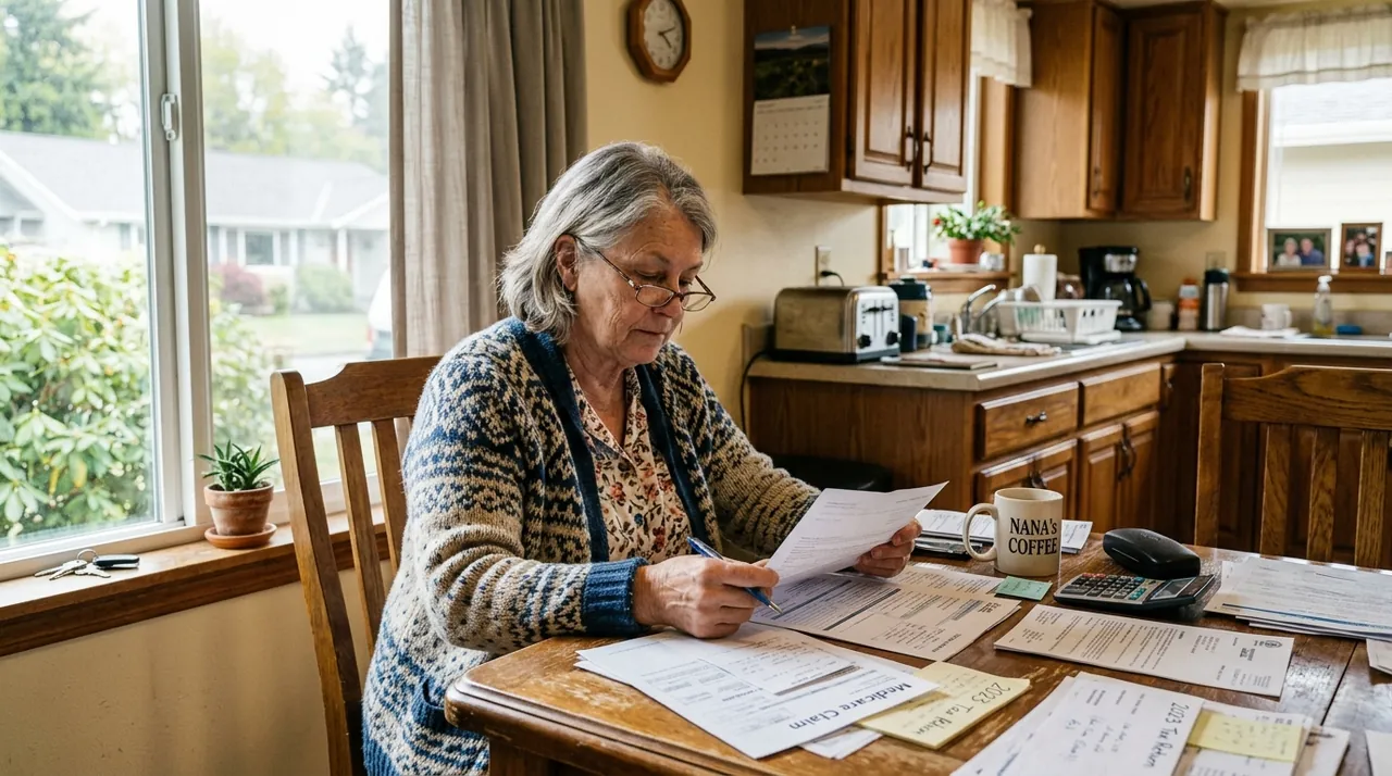 A woman in her late sixties at a kitchen table with paperwork in front of her.