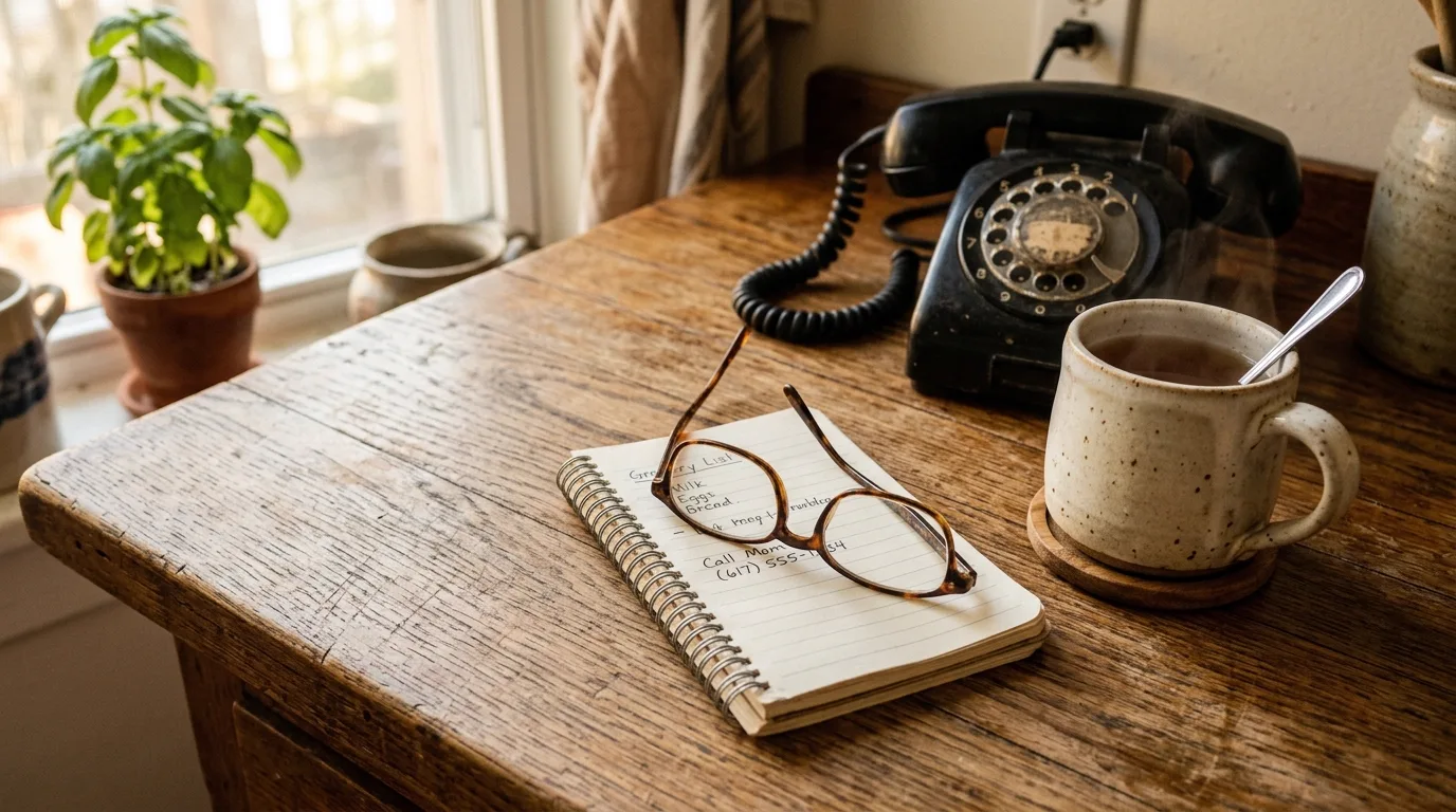 A kitchen counter with reading glasses resting on a small notepad.