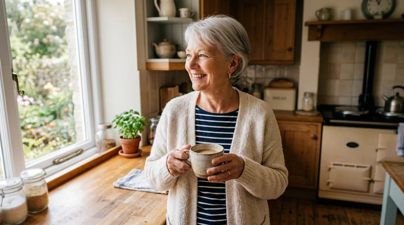 A woman in her early seventies standing at a kitchen counter in the morning.