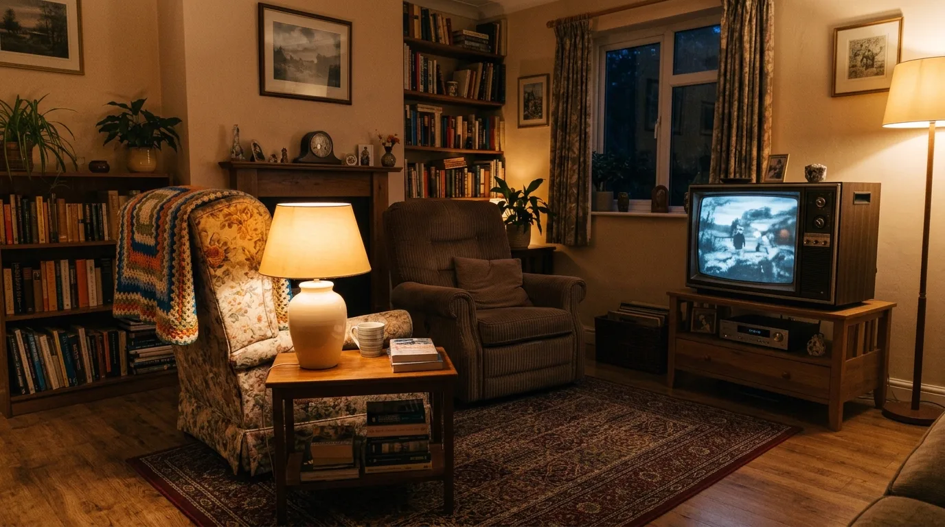Two armchairs facing a television in a living room in the evening.