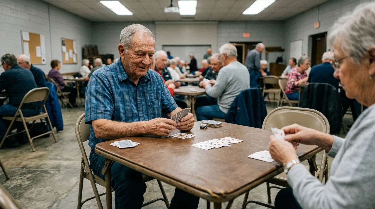 A man in his early seventies sitting at a folding table with playing cards in front of him.