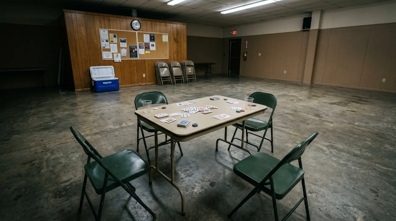 A folding table with playing cards and metal chairs in a community hall.