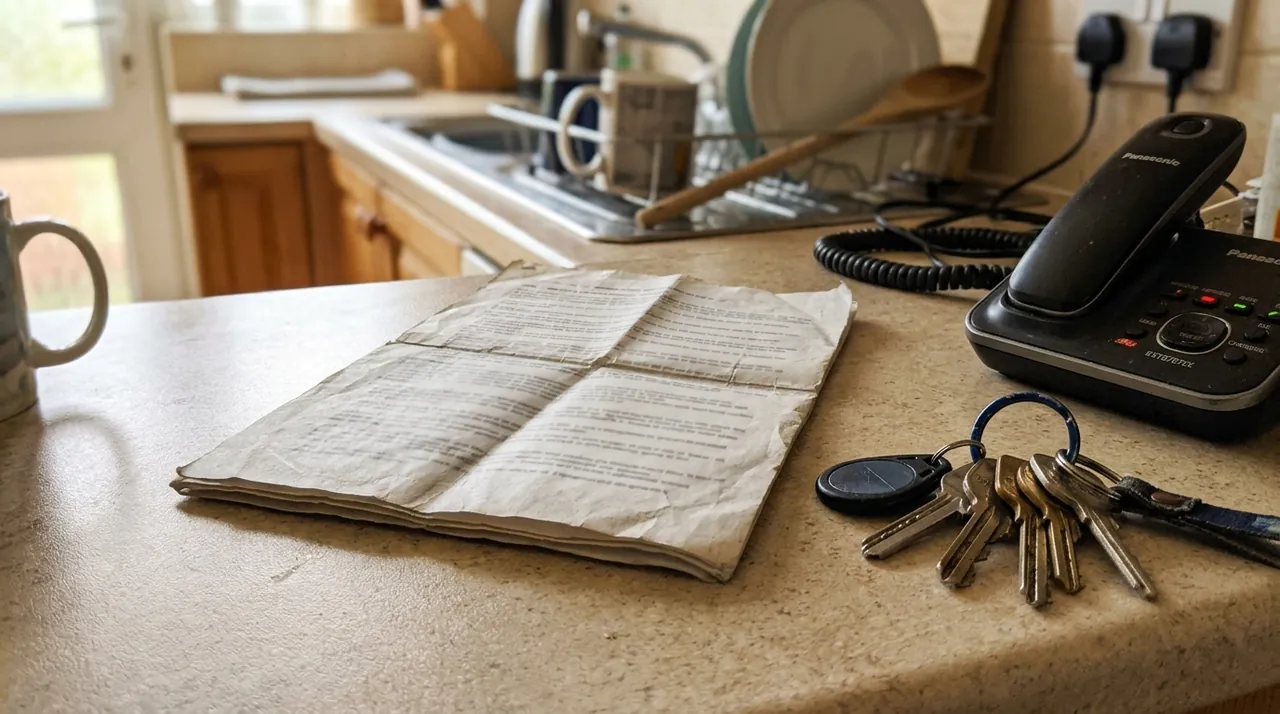 A folded printed quote on a kitchen counter next to a set of keys.