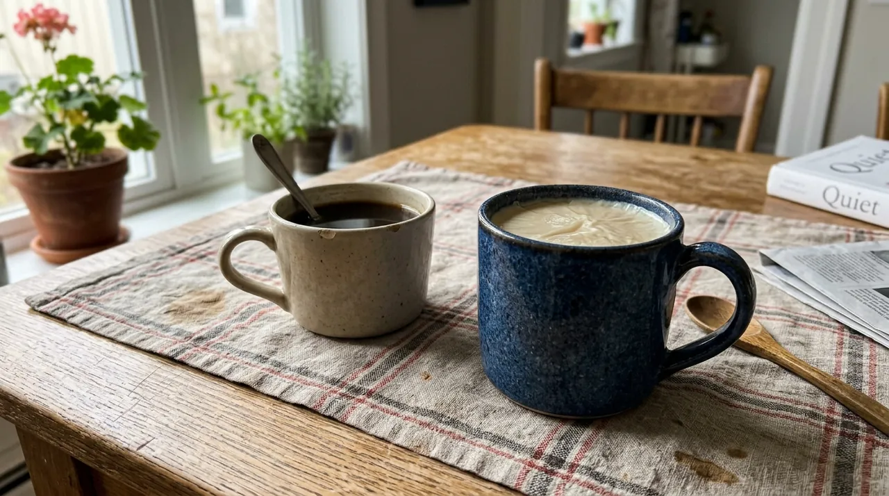 A kitchen table with two mugs, one of them untouched.