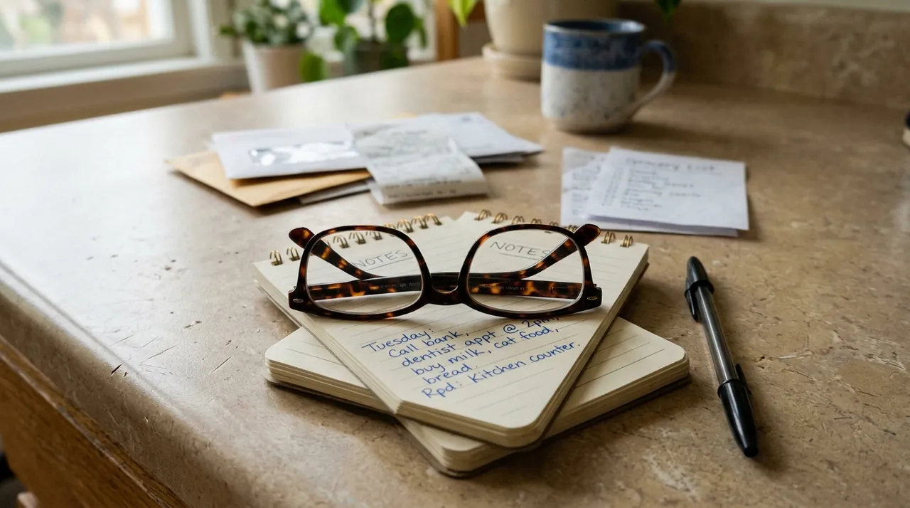 A kitchen counter with reading glasses resting on a small notepad.