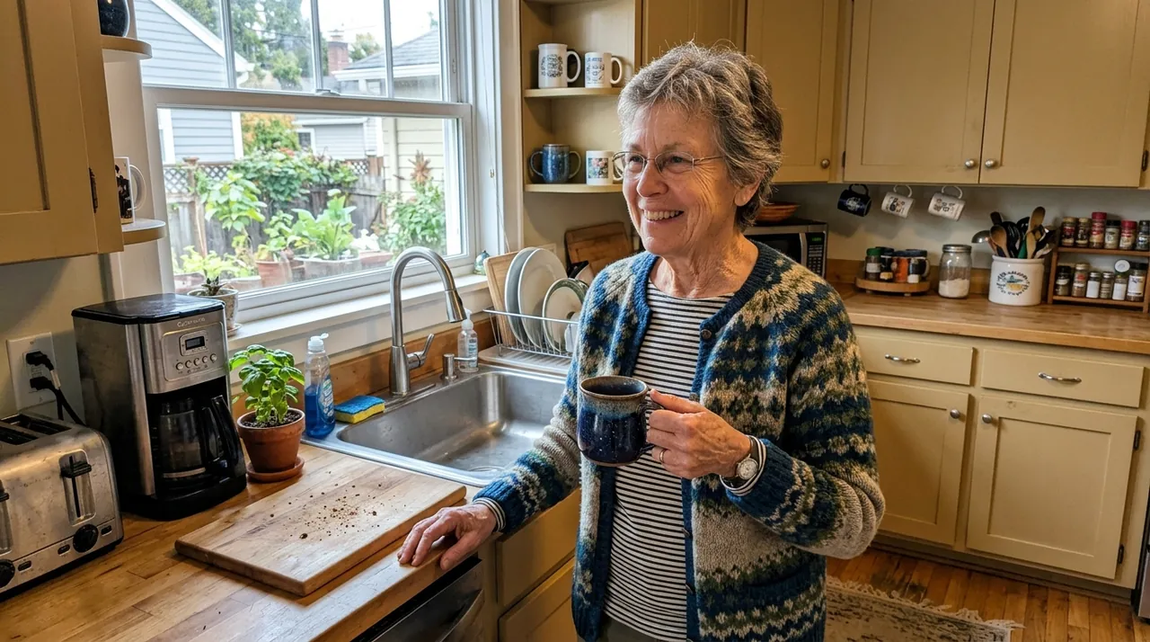 A woman in her early seventies standing at a kitchen counter in the morning.