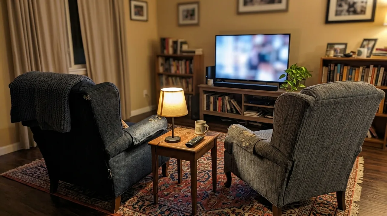 Two armchairs facing a television in a living room in the evening.