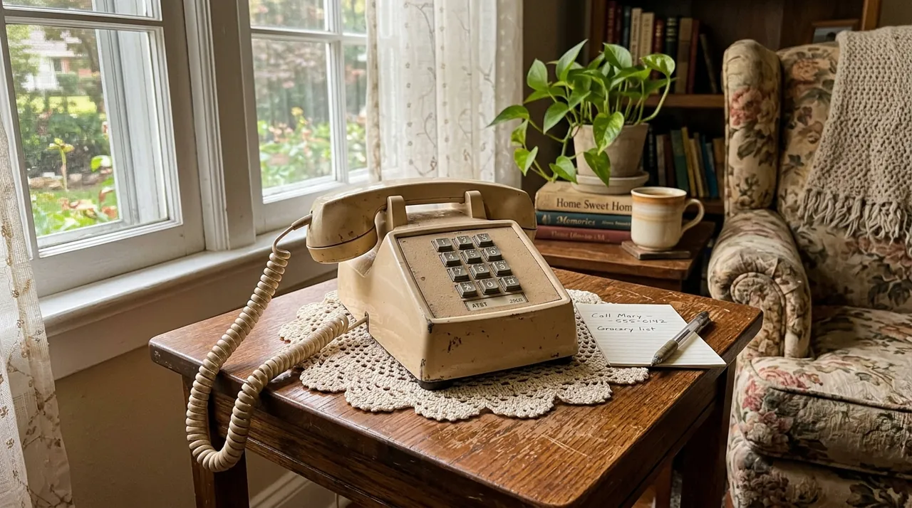 A landline telephone on a side table in a living room.