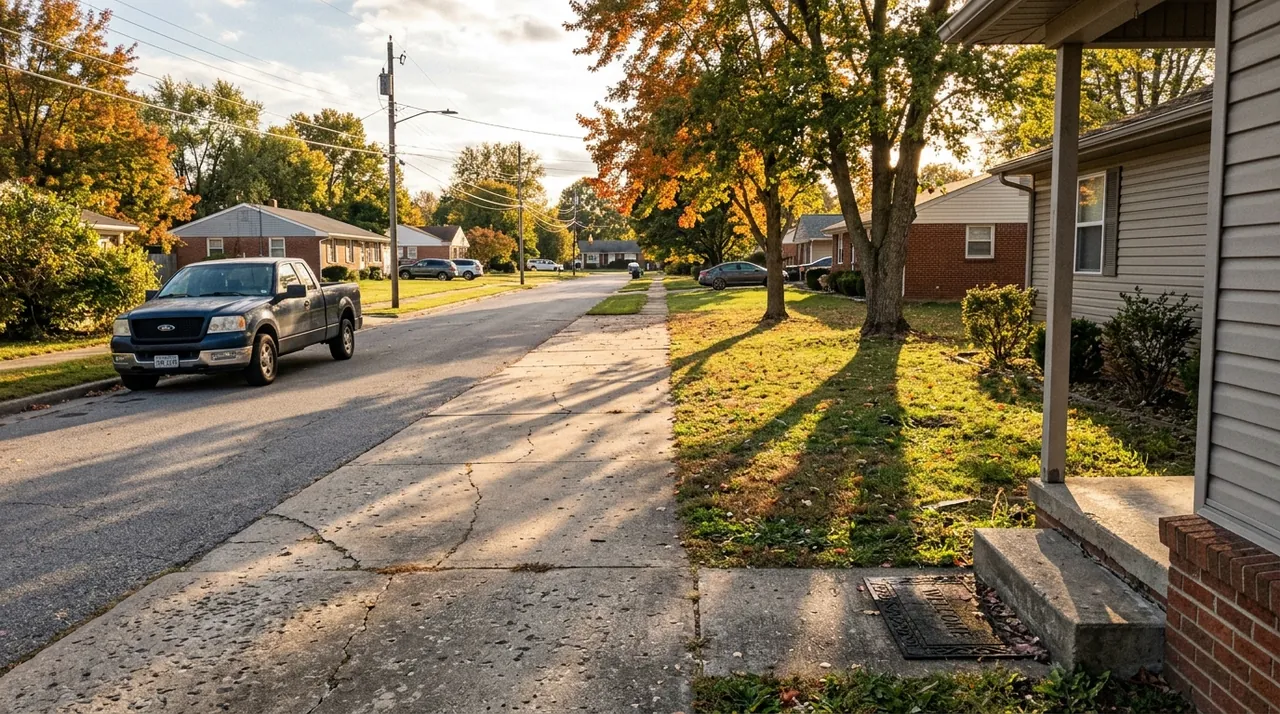 A driveway beside a house in the late afternoon, seen from the front step.