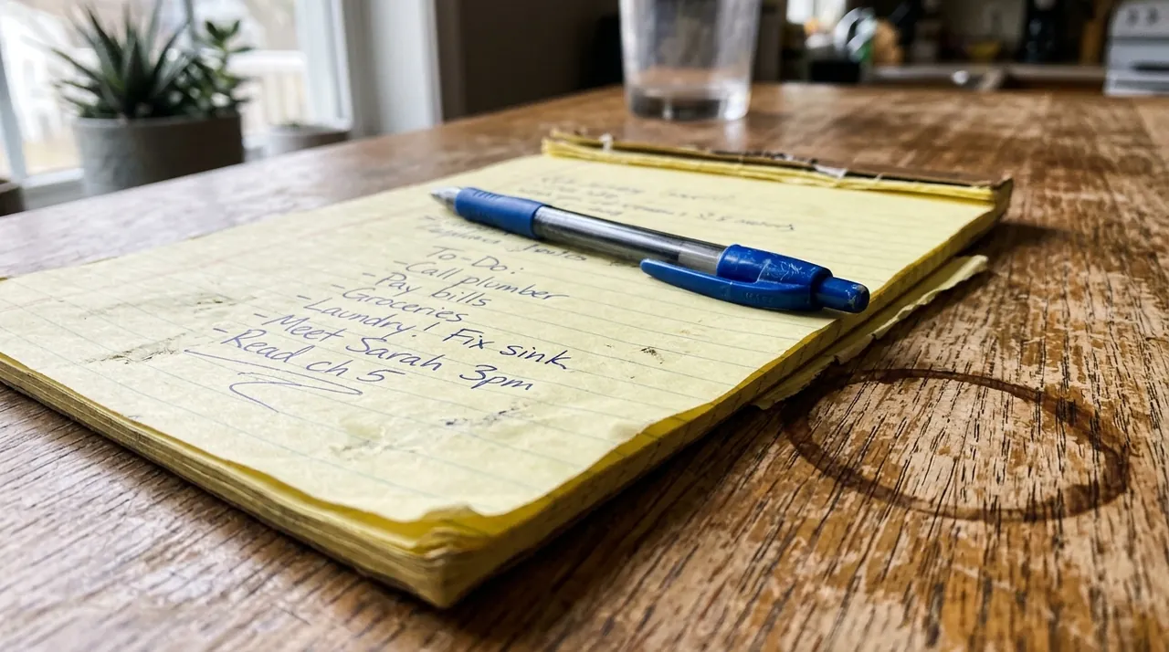 A yellow legal pad on a kitchen table with a pen resting on it.