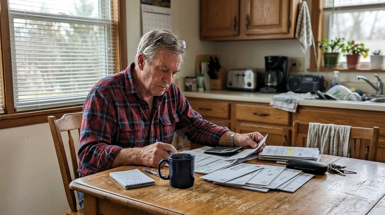 A man in his late sixties sitting at a kitchen table with paperwork and a mug in front of him.