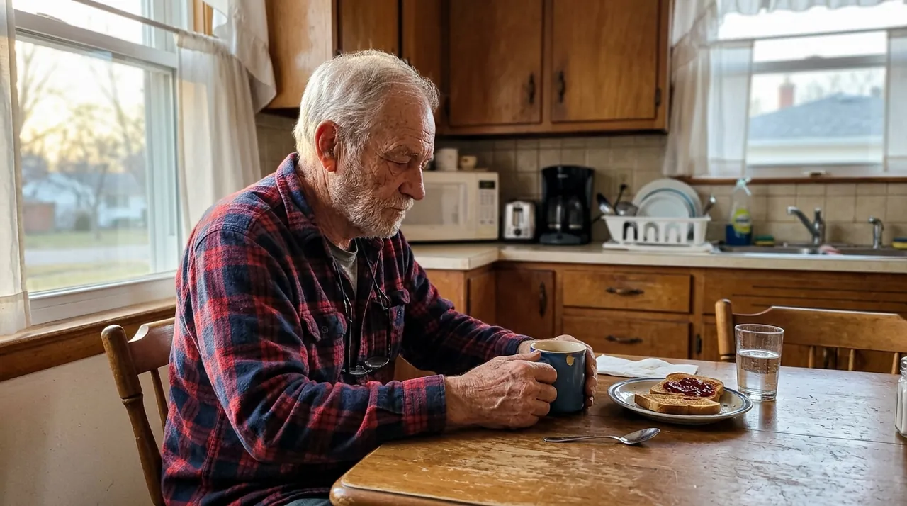 A man in his early seventies sitting at a kitchen table in the morning light.